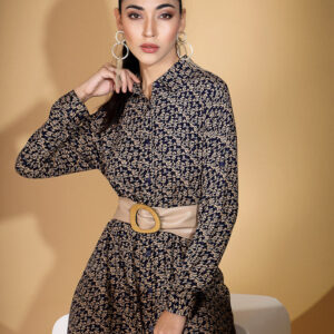 Women Navy Blue Collar Neck Printed Shirt Dress