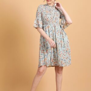 Women Olive Green Hosiery Floral Printed Frock Dress