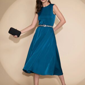 Women Teal Round Neck Sleeveless Dress