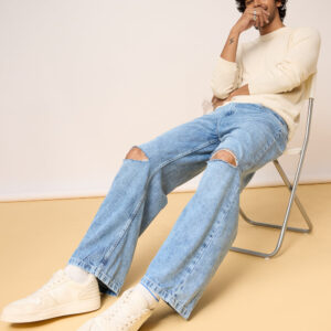 Classic Fit Distressed Wide Leg Jeans