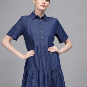 Women Blue Collar Neck Denim Dress