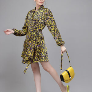 Women Yellow Collar Neck Printed Wrap Dress
