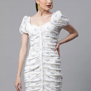 Women Oval Neck Ruched Floral Printed White Bodycon Dress