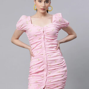 Women Square Neck Ruched Pink Bodycon Casual Dress