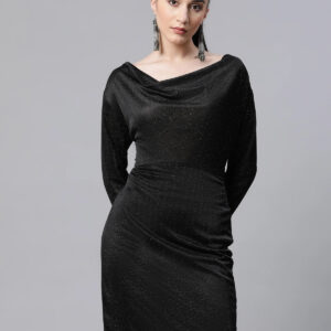 Women Gold Lurex Black Hosiery Sheath Party Dress