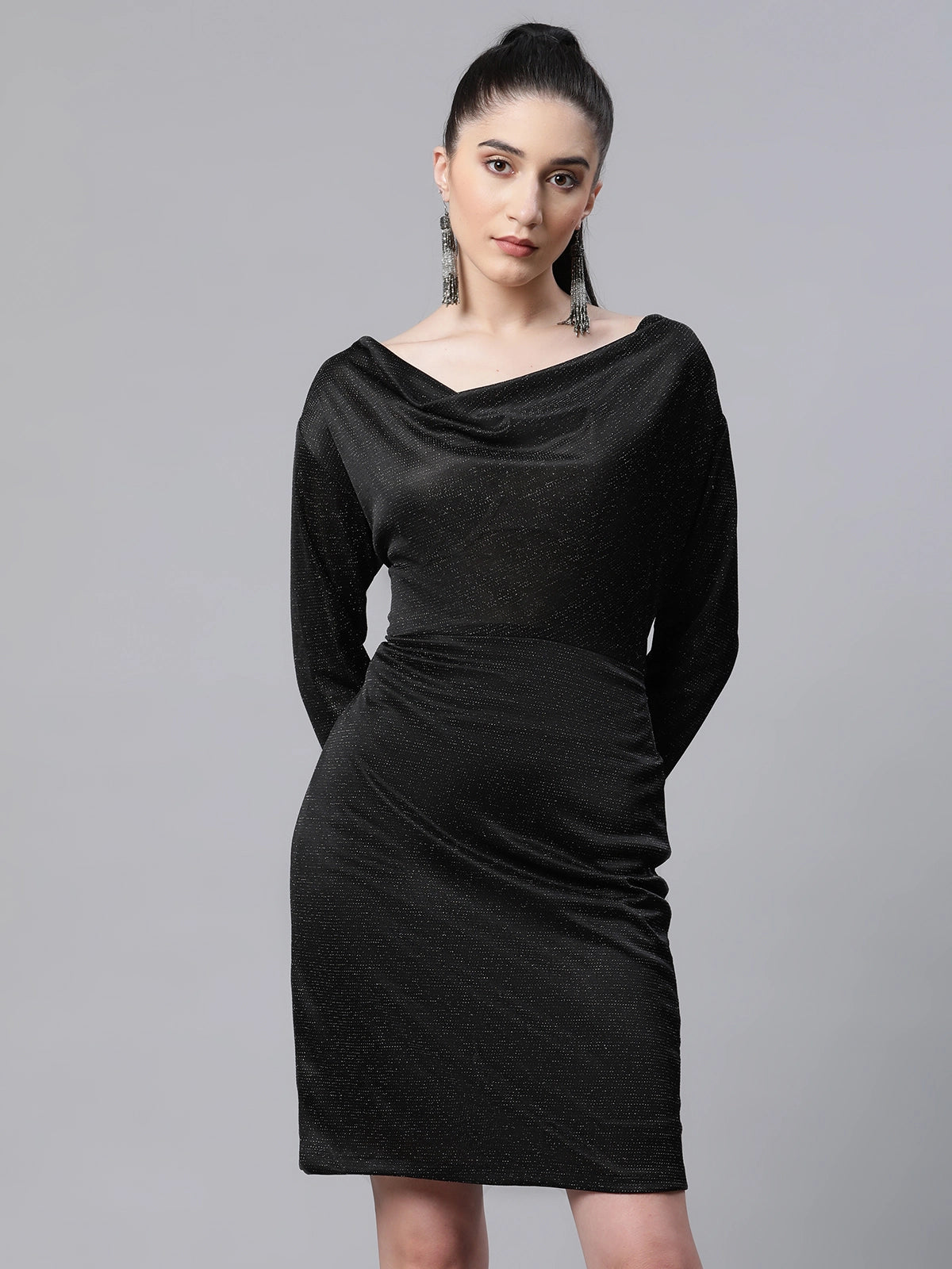 1_1_2b266372-b184-4f10-b99d-2b4522529c1d.jpg Women Gold Lurex Black Hosiery Sheath Party Dress