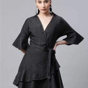 Women Charcoal Black Cotton Blend Flared Wrap Dress