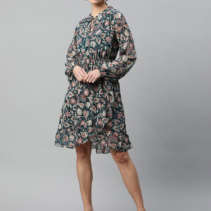 Women Bottle Green Floral Printed Dress