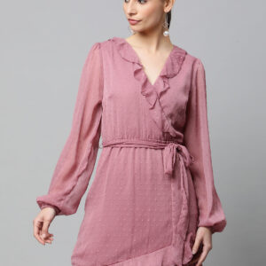 Women Dusky Pink Ruffle V-Neck Wrap Dress