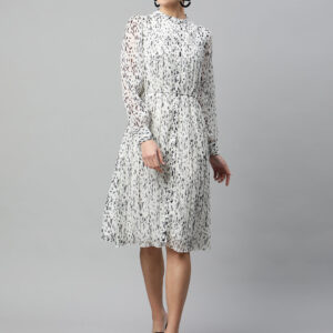 Women White Mandarin Collared Black Polka Dots Dress