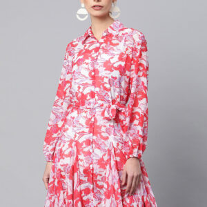 Women Collared Reddish Pink Floral Printed Dress