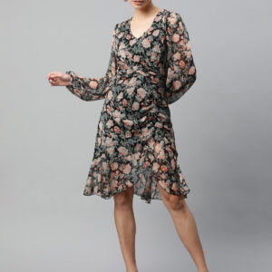 Women Black Floral Printed Asymmetric Hem Dress