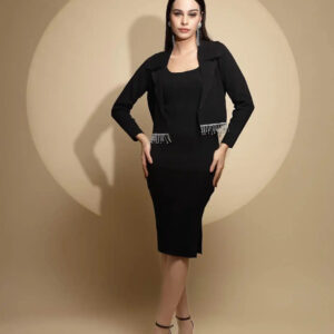 Black Solid Full Sleeve Collar Neck Woolen Bodycon Winter Dress With Jacket