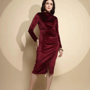 Solid Wine Full Sleeve Cowl Neck Velvet Midi Winter Dress