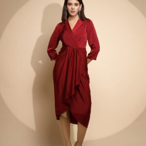 Women Maroon Solid Notch Collar Neck Three Quarter Sleeve Satin Dress