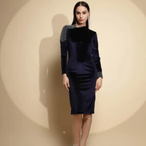 Dark Blue Embellished Full Sleeve Asymmetric Neck Velvet Bodycon Winter Dress