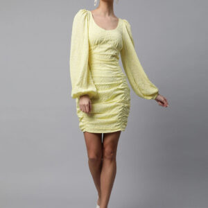 Women Yellow Floral Printed Ruched Bodycon Dress