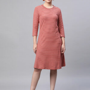 Women Crew Neck Orange & White Printed Regular Fit Hosiery Dress