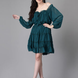Women Emerald Green Off-Shoulder Flared Dress