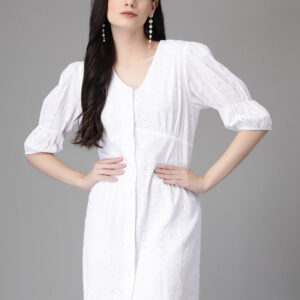Women White V Neck Embroidered Flared Dress