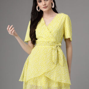 Women Lemon V Neck Printed Wrap Dress