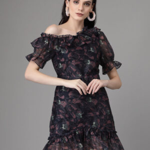 Women Multicolor One-Shoulder Printed Polyester Blend Dress