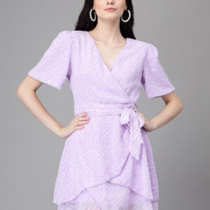 Women Lilac V Neck Printed Wrap Dress