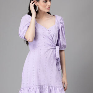 Women Lilac V Neck Embroidered Flared Dress