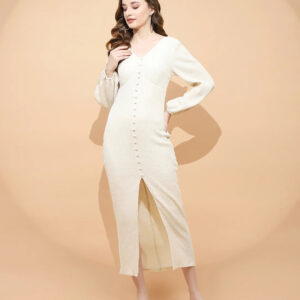 Natural Beige Linen Slim Fit Dress For Women