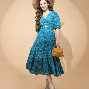 Blue And Green Polyester Blend Fit & Flare Dress For Women