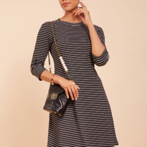 Women Round Neck Black & White Printed Regular Fit Hosiery Dress