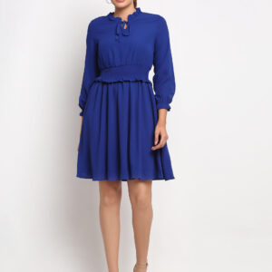 Women Ruffle Neck Solid Knee Length Frock Dress