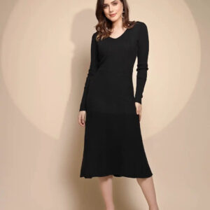 Women V-Neck Black Solid Knitted Long Dress