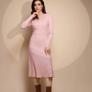 Women's Solid V-Neck Pink Fit and Flare Dress